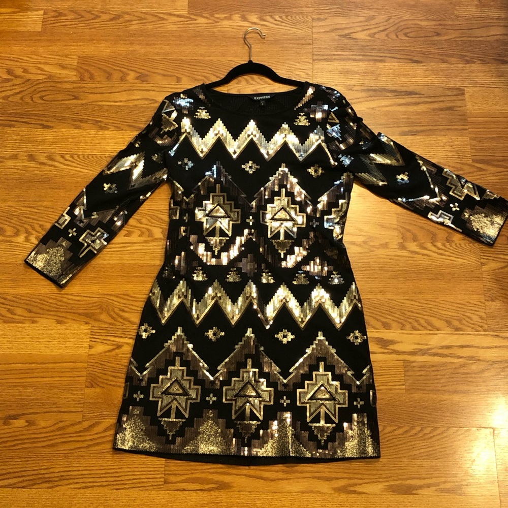 NEW Express Black w/ Gold Sequin Geometric Dress